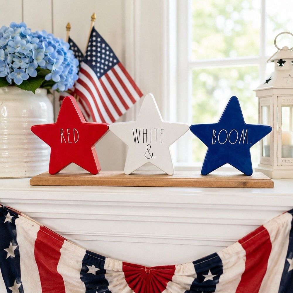 Rae Dunn Red White Boom Patriotic Star Decor Americana 4th Of July Shelf Sign
